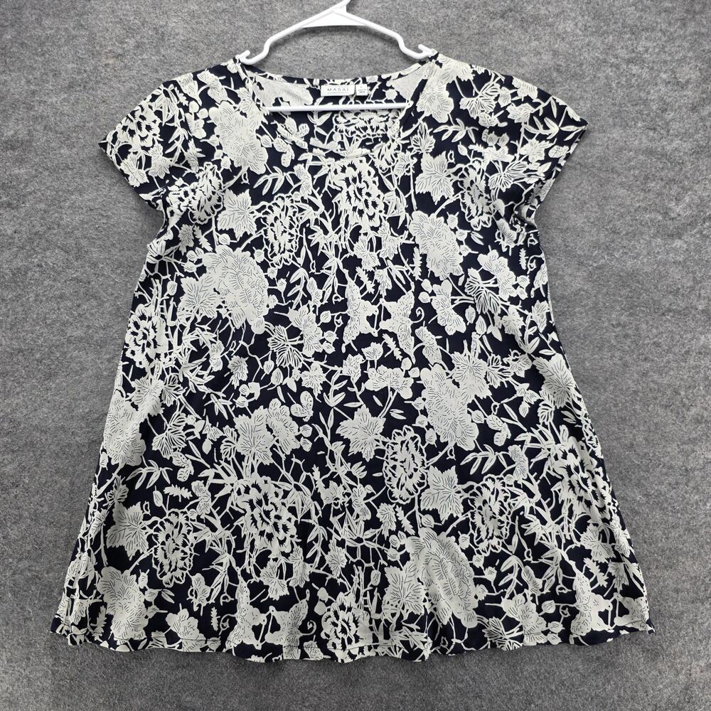 Masai Copenhagen Shirt Womens Large Navy White Floral Tunic A-Line Short Sleeve